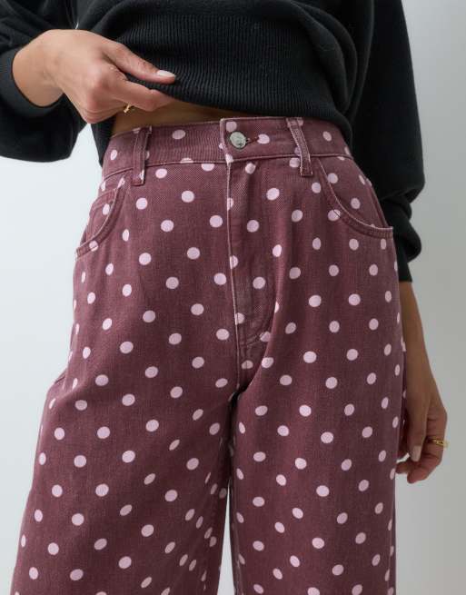 Miss Selfridge jeansy barrel leg w brązowe groszki, 2 z 5