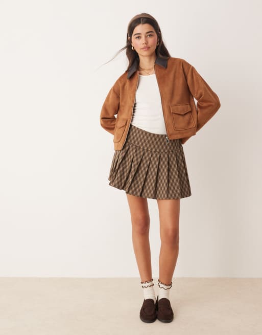 Miss Selfridge jersey check pleated mini skirt