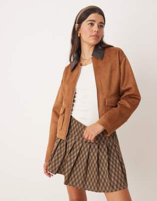 Miss Selfridge Jersey Check Pleated Mini Skirt-brown In Brown
