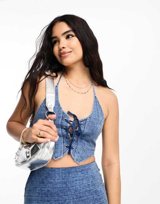 Miss Selfridge jersey denim corset halter top in blue (part of a set)