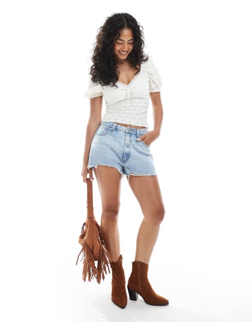 Miss Selfridge jersey eyelet milkmaid top in cream | ASOS