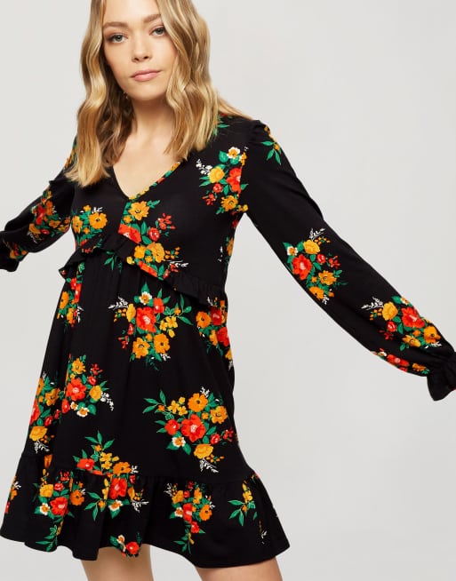 miss selfridge frill hem mini dress in black floral