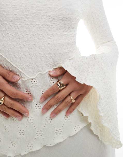 Miss Selfridge jersey mixed texture flare long sleeve top in cream - view 2