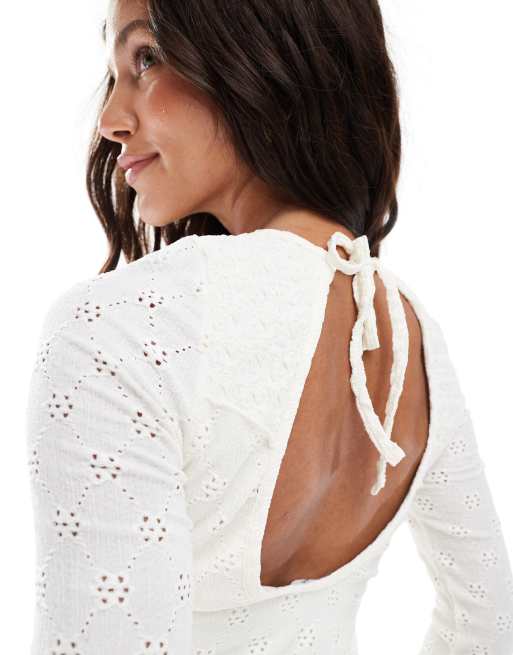 Miss Selfridge jersey mixed texture tie back mini dress in cream, 3 of 4