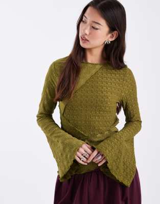 Miss Selfridge Jersey Mixed Textures Flared Long Sleeve Top In Green