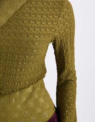 Miss Selfridge Jersey Mixed Textures Flared Long Sleeve Top In Green