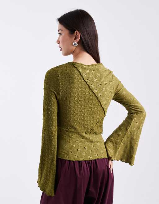 Miss Selfridge jersey mixed textures flared long sleeve top in olive, 3 of 4