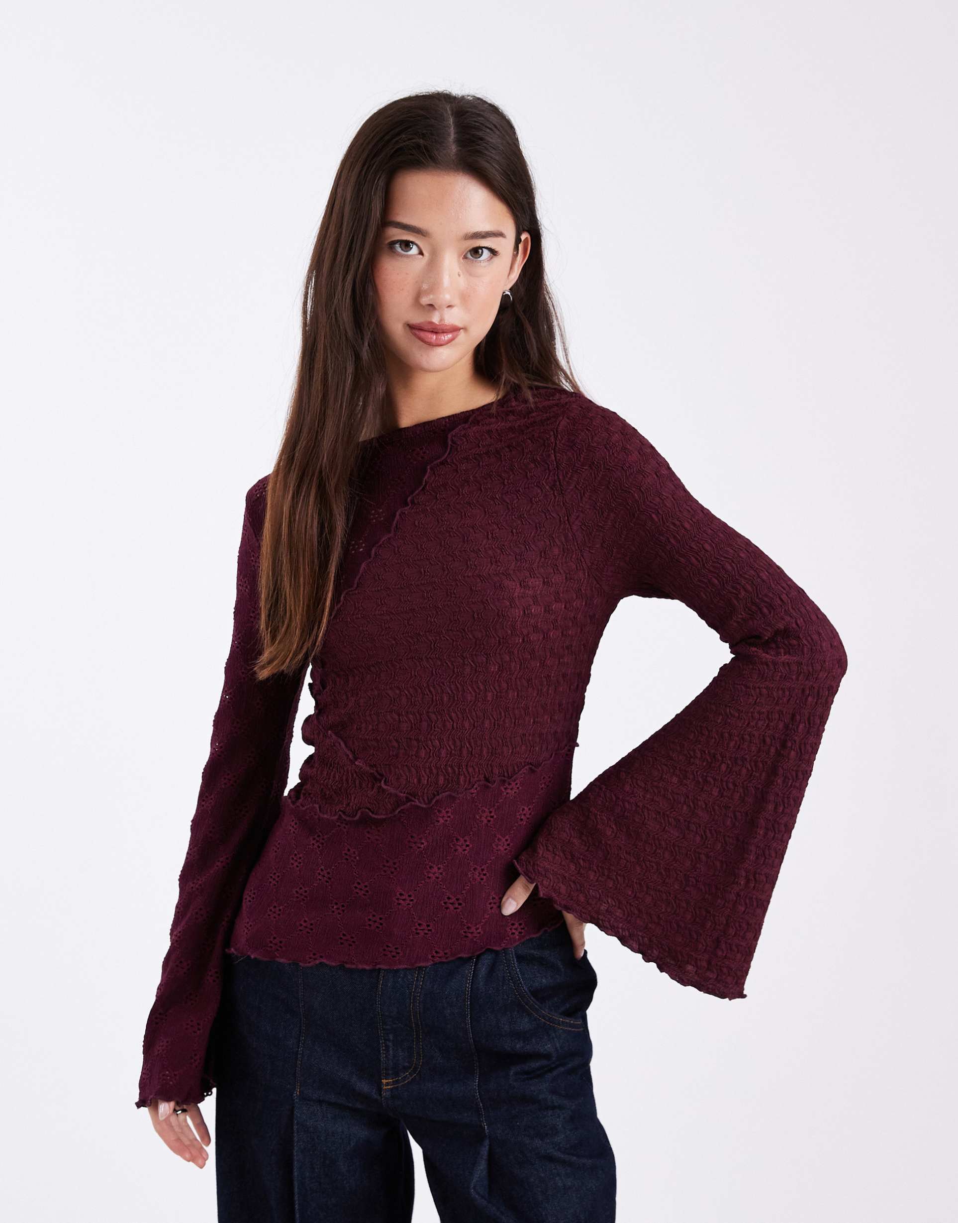 miss selfridge jersey mixed textures flared long sleeve top in plum