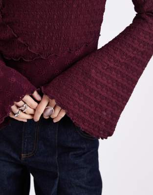 Miss Selfridge Jersey Mixed Textures Flared Long Sleeve Top In Purple