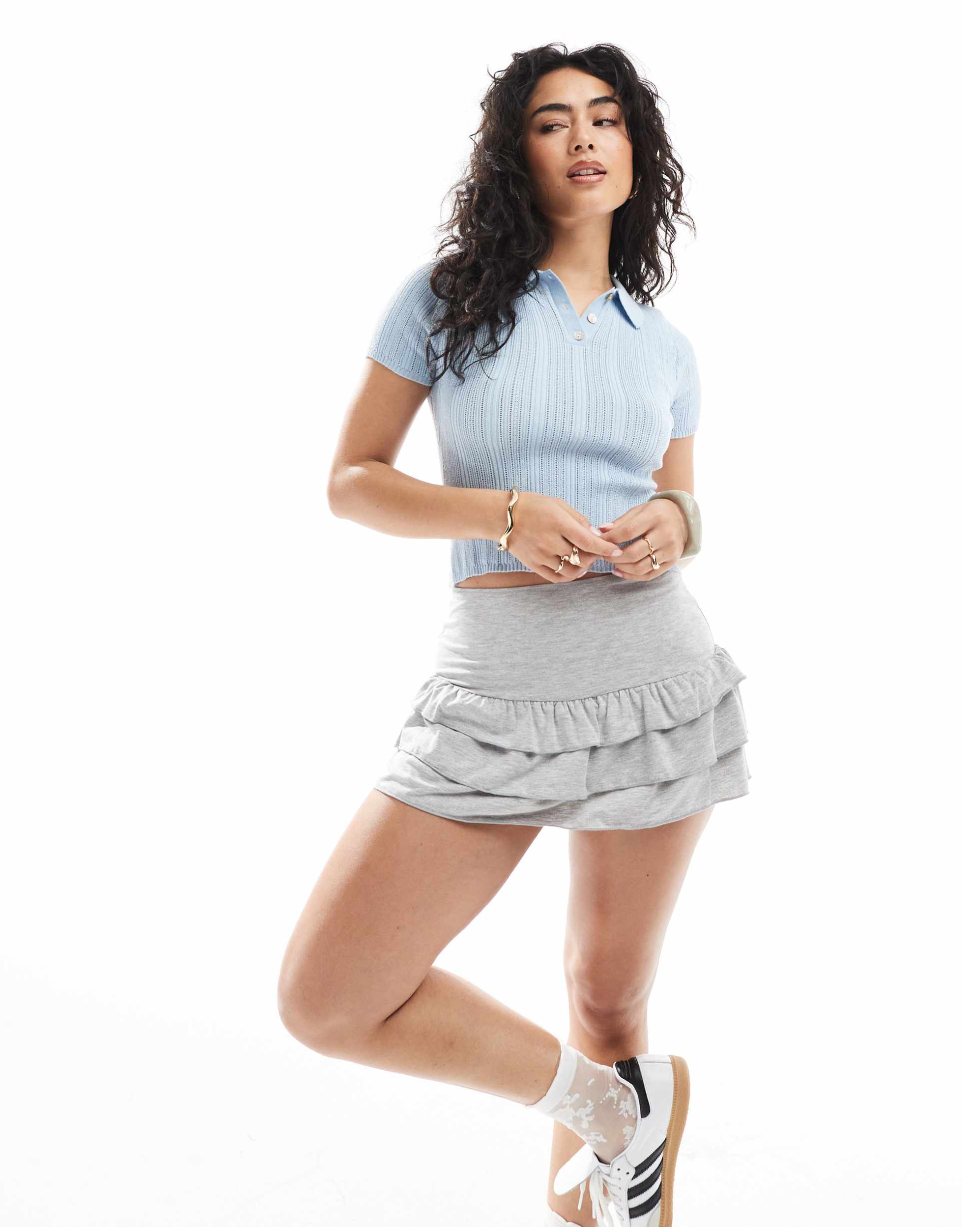 miss selfridge jersey ruffle mini skort in gray heather