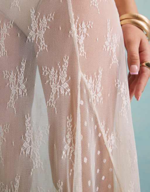 Miss Selfridge jersey sheer lace godet maxi skirt in cream, 3 of 5