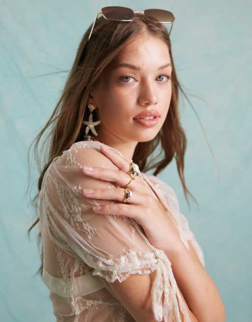 Miss Selfridge jersey sheer lace long line puff sleeve tunic top in cream ASOS