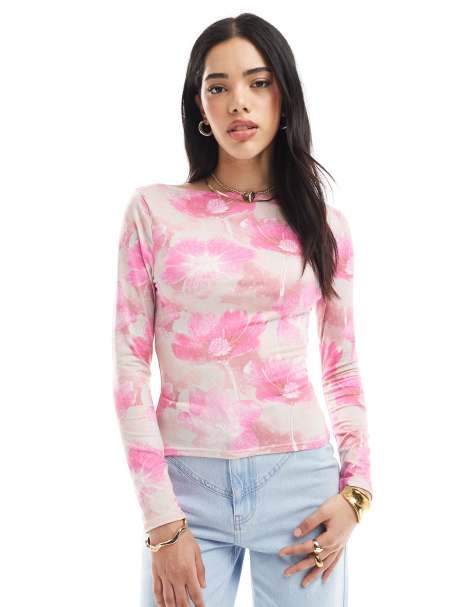 Miss Selfridge - Jersey top in roze met abstracte bloemenprint - view 1