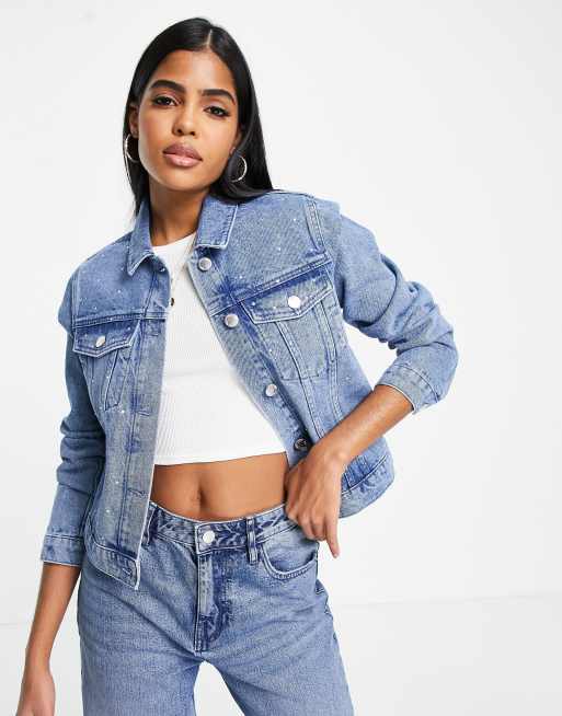 Miss Selfridge jewel denim jacket in mid wash blue | ASOS