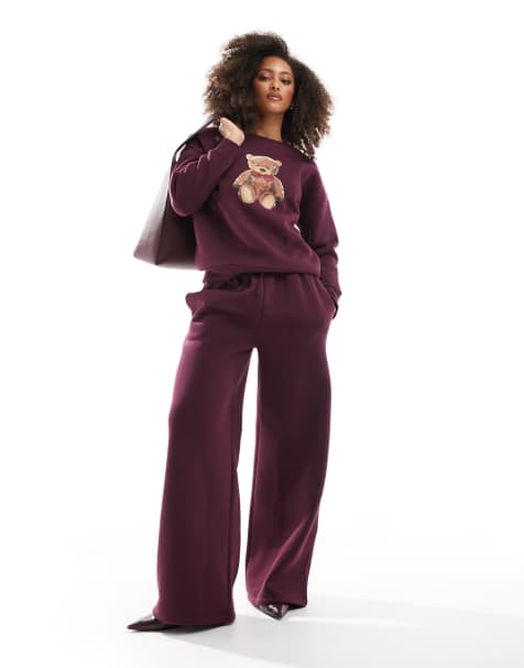 Miss Selfridge - Joggers a fondo ampio color bordeaux in coordinato - view 1