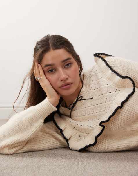 Miss Selfridge jumper with frill detail in cream - view 1