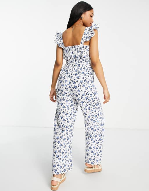 Miss Selfridge – Jumpsuit aus Baumwollflachs mit Rüschenträgern in Elfenbein mit Blümchenmuster , 2 von 4