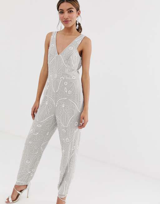 Miss Selfridge - Jumpsuit met smaltoelopende pijpen en versiering in grijs