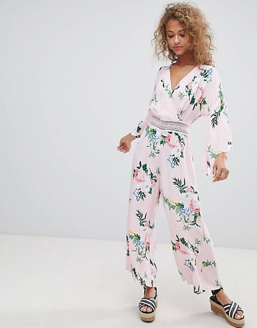 Miss Selfridge jumpsuit with lace insert in floral print