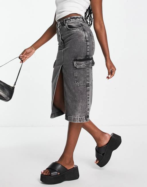 Miss Selfridge - Jupe cargo mi-longue en denim - Noir délavé