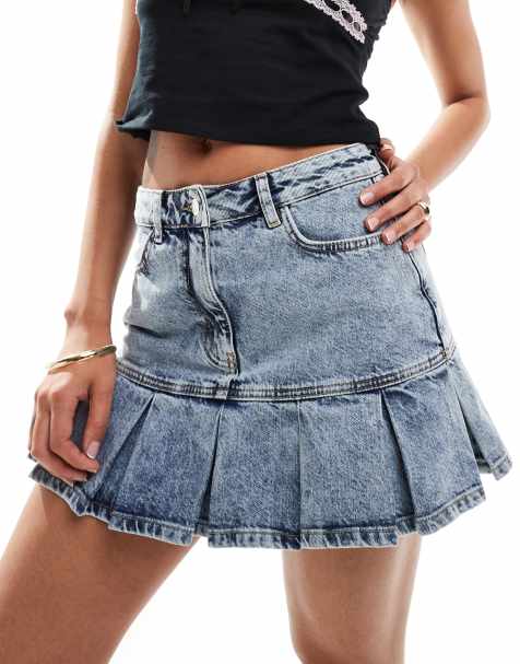 Miss Selfridge - Jupe en jean style kilt avec poches cœur - Bleu délavé - view 1