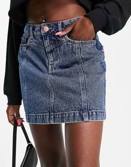 Miss Selfridge - Jupe en jean surpiquée sur le devant - Bleu délavé moyen
