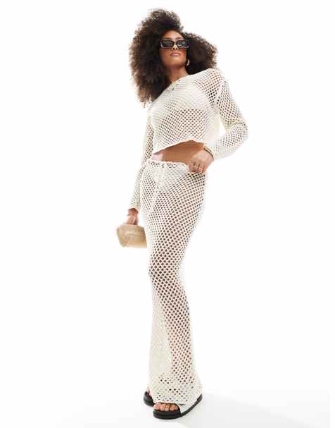 Miss Selfridge - Jupe longue en maille crochetée ajourée - Crème - view 1
