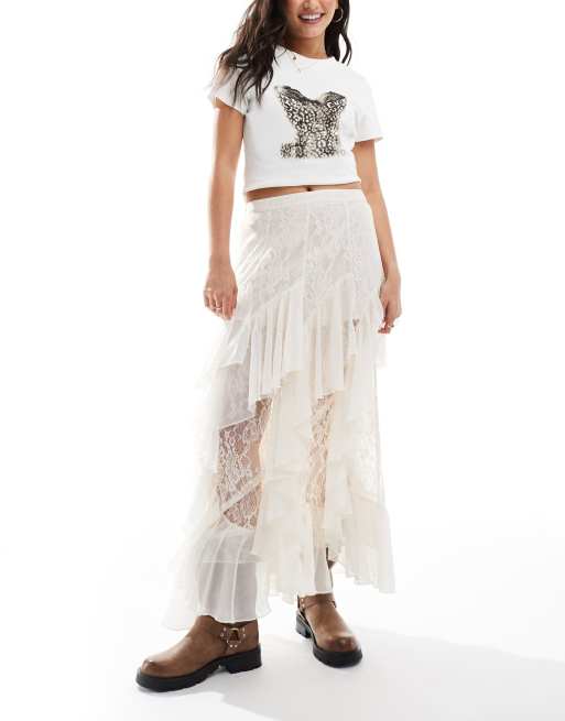 Miss Selfridge - Jupe longue en mousseline et dentelle - Ivoire