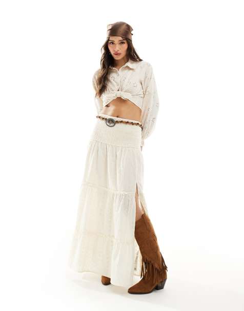 Miss Selfridge - Jupe longue étagée en broderie anglaise - Crème - view 1