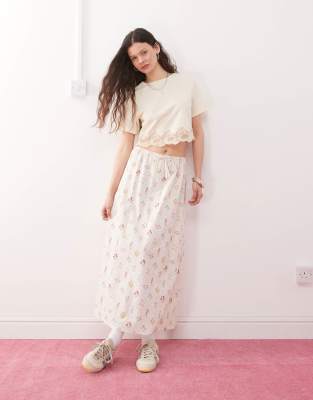 Jupe mi-longue en lin à imprimé fleurs - Crème-Multicolore 36