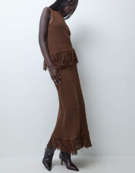 Miss Selfridge jupe midi en maille à franges marron chocolat coordonnée - view 1