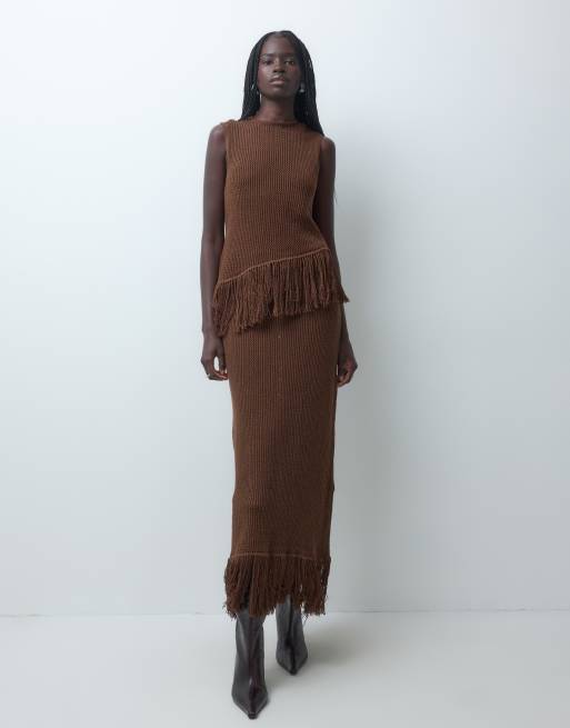 Miss Selfridge jupe midi en maille à franges marron chocolat coordonnée, 4 de 5