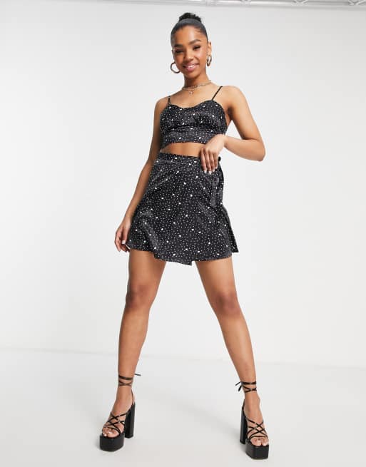Miss Selfridge - Jupe portefeuille d'ensemble en satin à imprimé cœurs