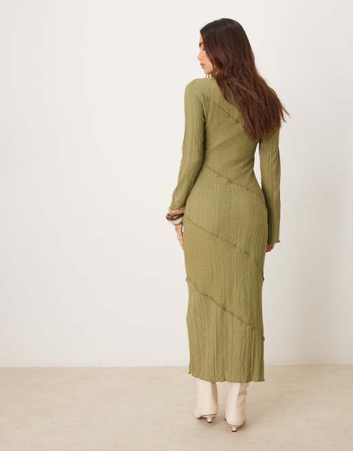 Miss Selfridge - Jurk met lange mouwen en gemengde textuur in kaki, 3 van 4