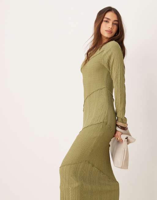 Miss Selfridge - Jurk met lange mouwen en gemengde textuur in kaki, 4 van 4