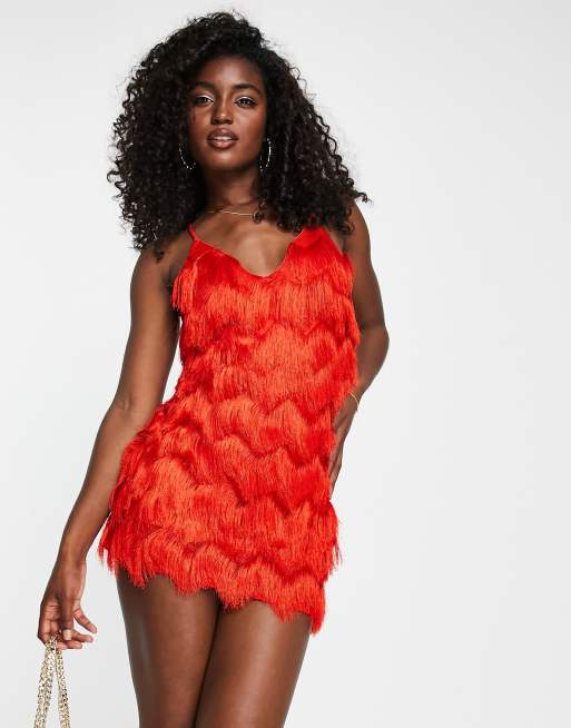 Miss Selfridge - Jurk met ombre franje in rood | ASOS