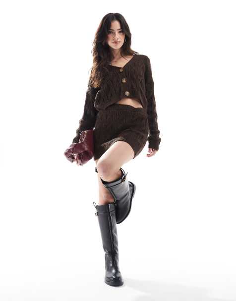 Miss Selfridge - Kabelgebreide rok in chocoladebruin, deel van co-ord set - view 1