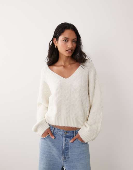 Miss Selfridge kabelstickad tröja med rosettdetalj i cream, 4 av 4