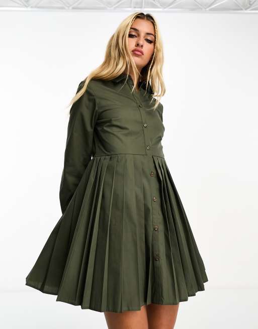 Miss Selfridge – Kakifärgad plisserad skjortklänning i poplin, 3 av 4
