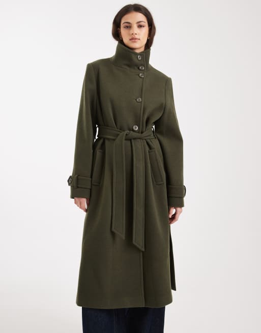 Miss Selfridge - Kakifarvet og elegant frakke med ståkrave, 3 af 4