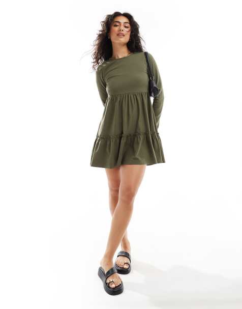 Miss Selfridge – Kakigrön miniklänning med smock, tvättad finish och långa ärmar - view 1