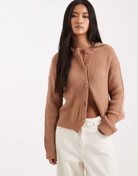 Miss Selfridge – Kamelbrun, bredribbad kofta med rund halsringning - view 1