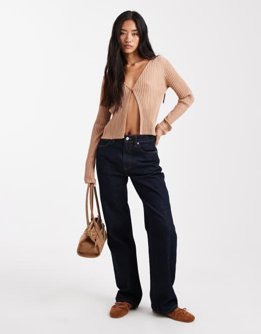 Miss Selfridge - Kamelbrun ribstrik cardigan med enkelt knap og åbent design, 2 af 4