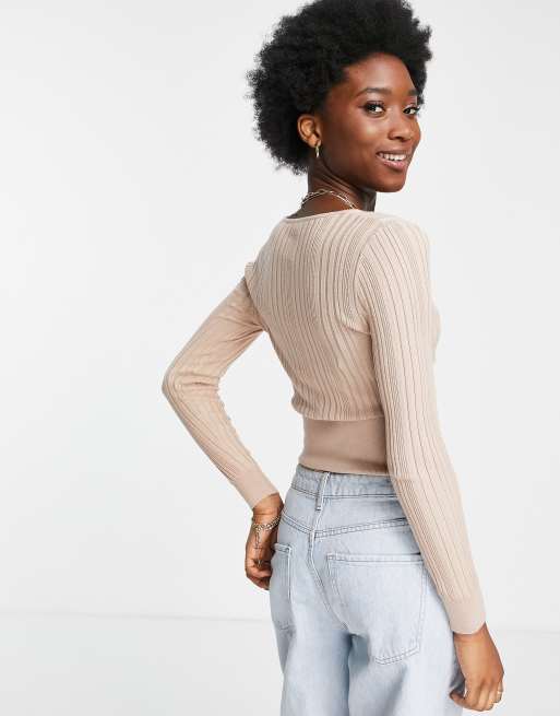 Miss Selfridge - Kamelbrun slå-om-trøje i bred ribstrik, 3 af 4