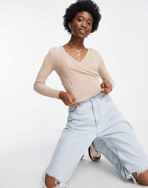 Miss Selfridge - Kamelbrun slå-om-trøje i bred ribstrik, 4 af 4
