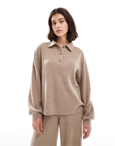 Miss Selfridge – Kamelfärgad sweatshirt med borstad krage, del av set - view 1