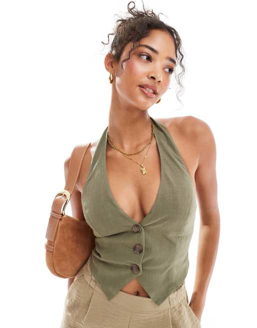 Miss Selfridge – Kamizelka z dekoltem halter z materiału z dodatkiem lnu w kolorze khaki