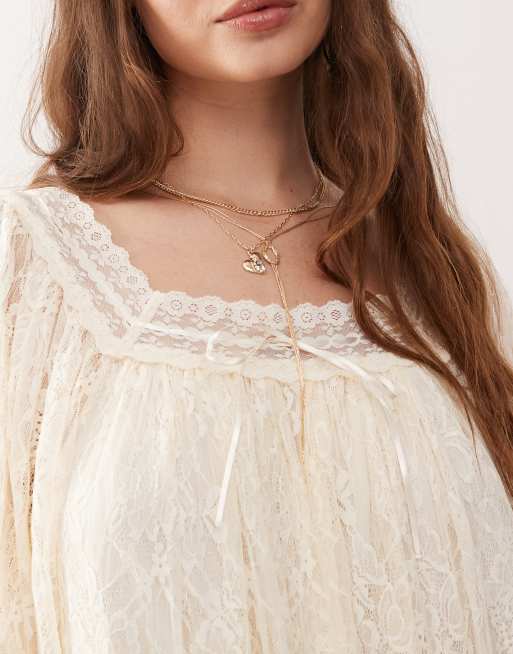 Miss Selfridge - Kanten jurk met lange mouwen in crème, 3 van 4