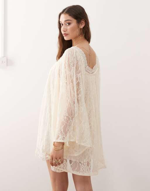 Miss Selfridge - Kanten jurk met lange mouwen in crème, 4 van 4