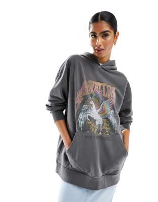 Miss Selfridge - Kapuzenpullover in Anthrazit mit „Rebellion"-Grafikprint-Grau